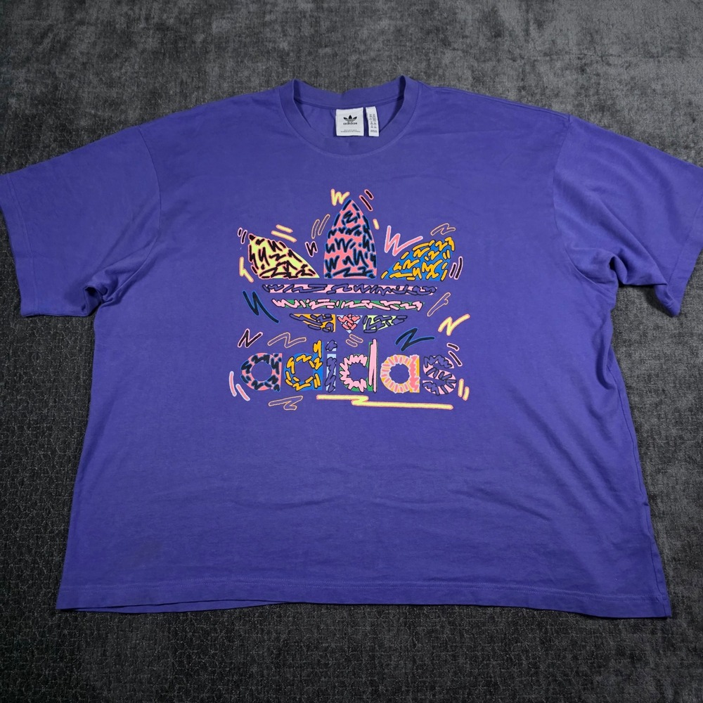 Adidas T-Shirt Mens 2XL XXL Purple Multi-Color Doodle Trefoil Graphic Tee Rap